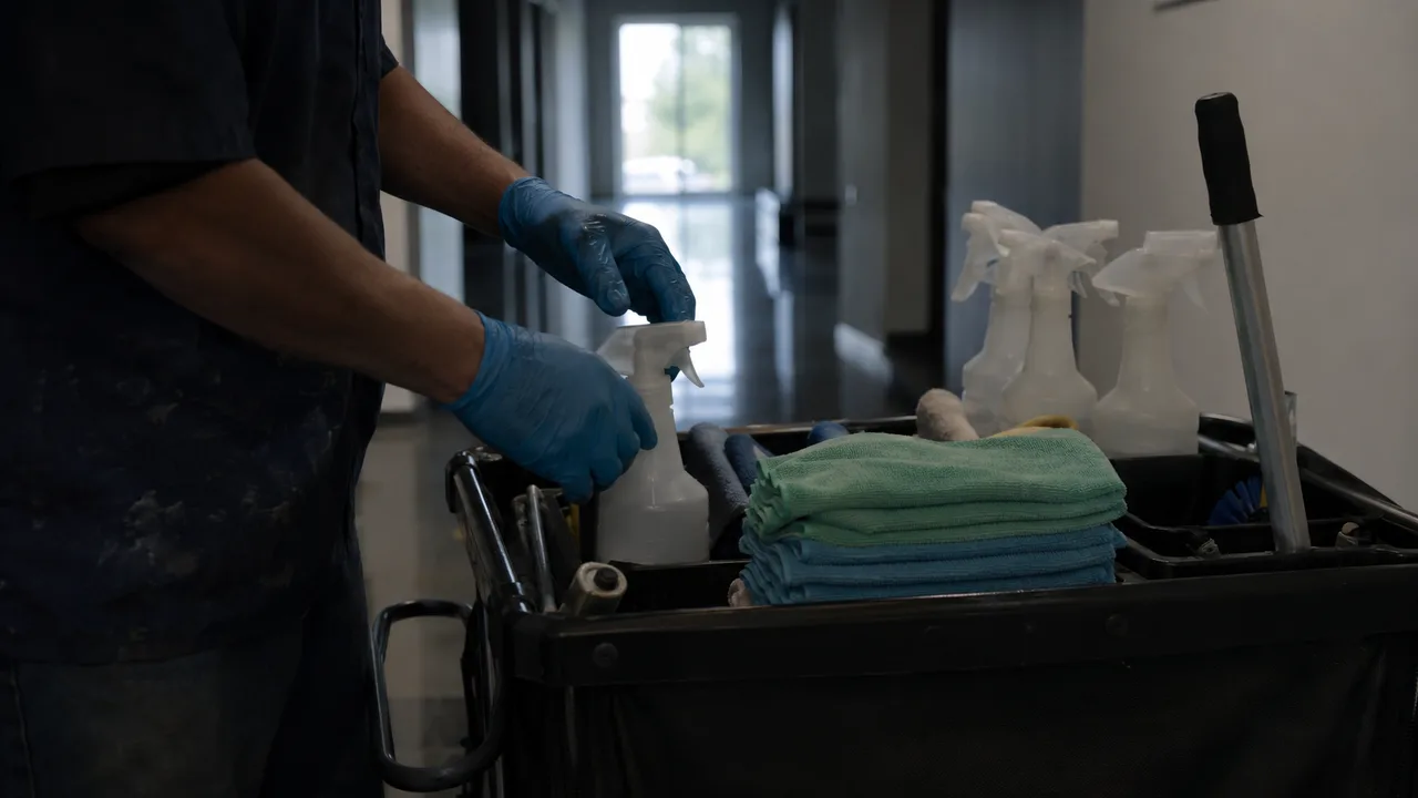 Un agent d'entretien portant des gants réapprovisionne un chariot de fournitures contenant des chiffons pliés et des vaporisateurs dans le couloir d'un bureau.