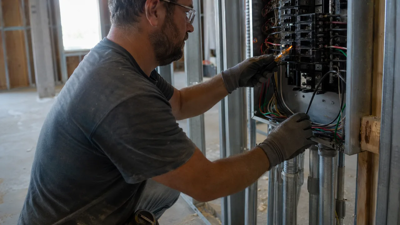 Un électricien portant des gants et des lunettes de sécurité en train de tester un circuit au niveau d'un tableau électrique ouvert dans un bâtiment en cours de construction.