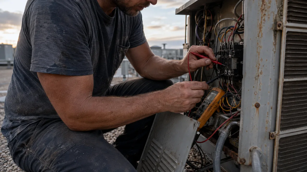 Un technicien en chauffage, ventilation et climatisation effectuant une mesure à l'aide d'un multimètre à l'intérieur du panneau de commande ouvert d'un condenseur de toiture.