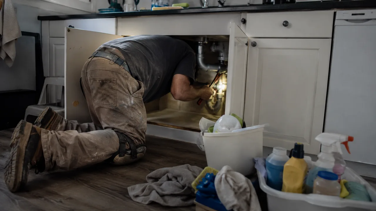 Un plombier agenouillé devant un placard de cuisine ouvert, travaillant sous l'évier à la lumière d'une lampe de chantier.