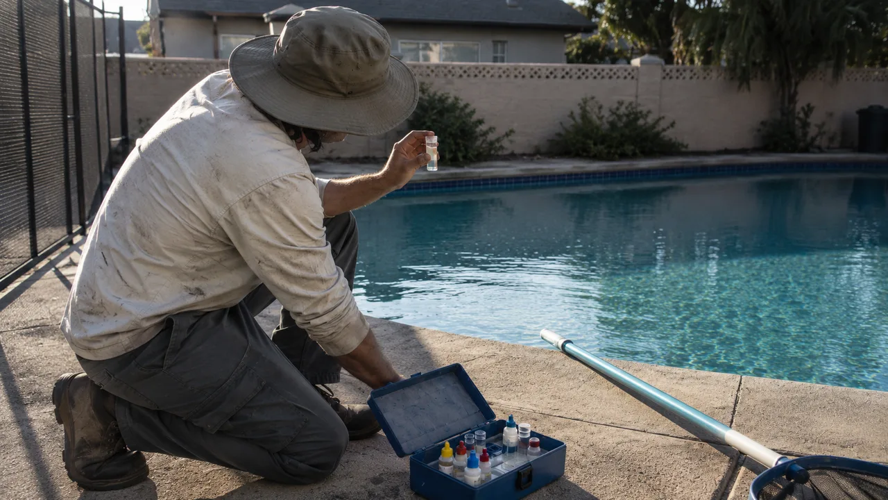 Um técnico de piscinas a segurar um frasco de análise da água contra a luz, ao lado de um kit de análise aberto, à beira de uma piscina.